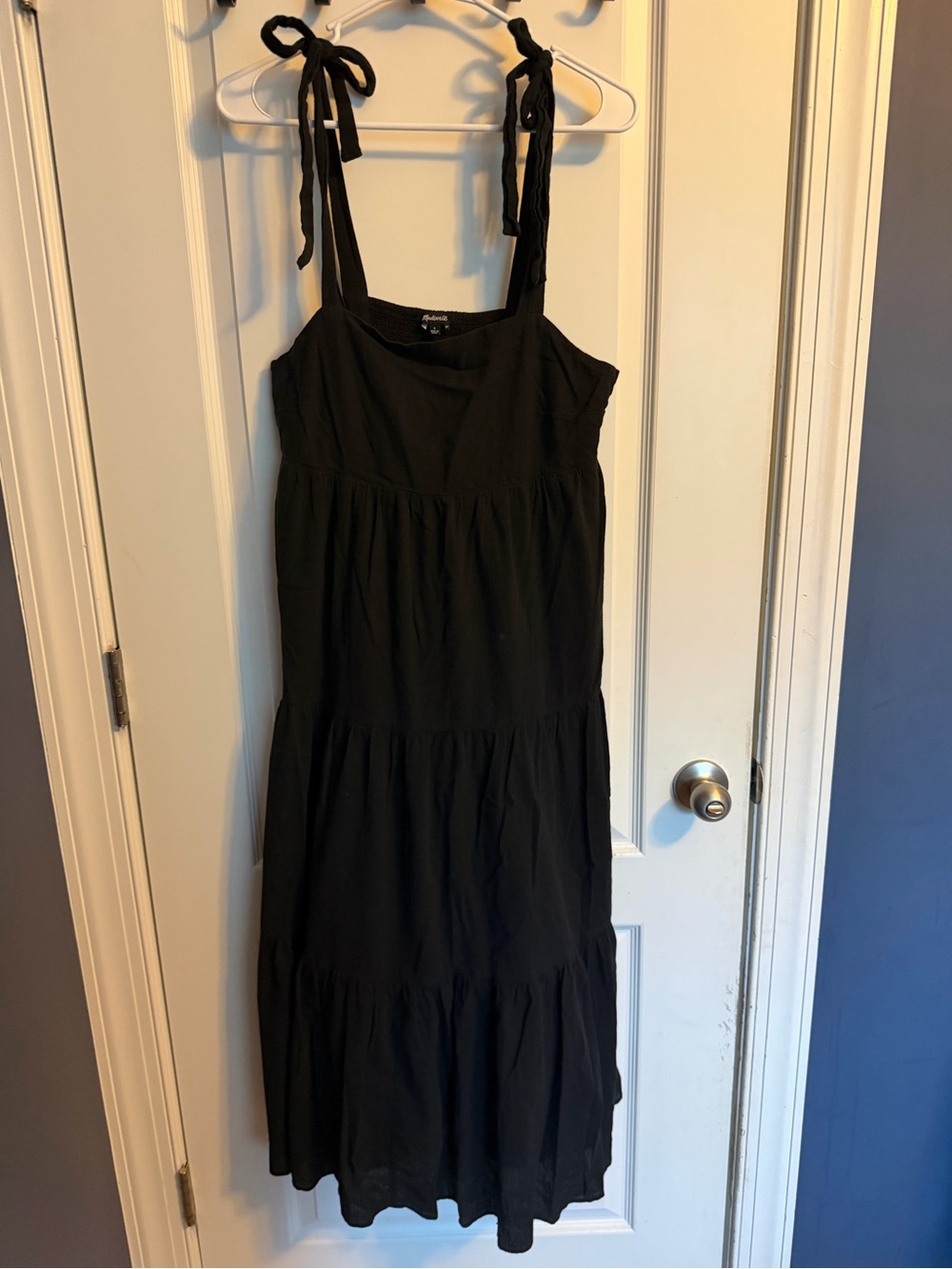 Madewell Smocked Tiered Midi Dress Black Tie Shoulder Straps Size S